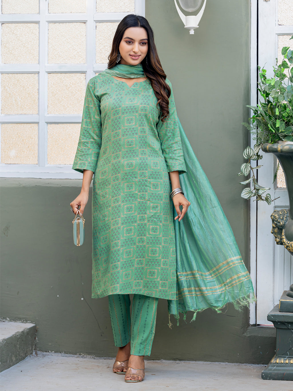 Pista Green Rayon Women Kurti With Dupatta & Bottomwear