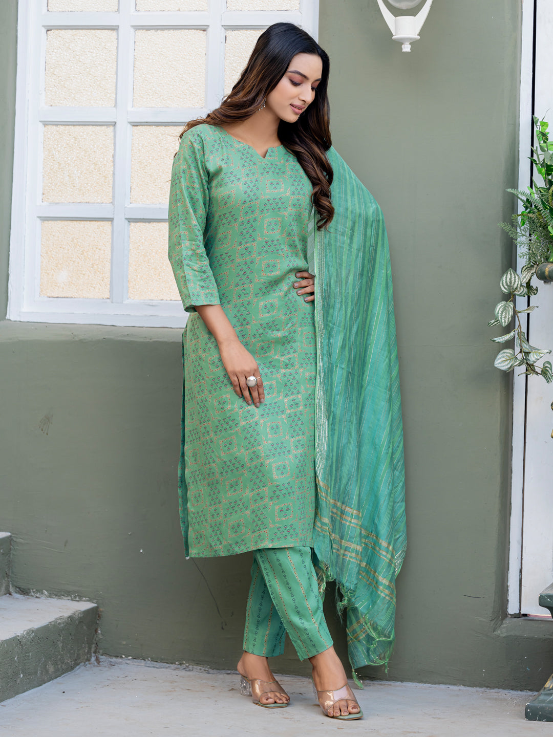 Pista Green Rayon Women Kurti With Dupatta & Bottomwear
