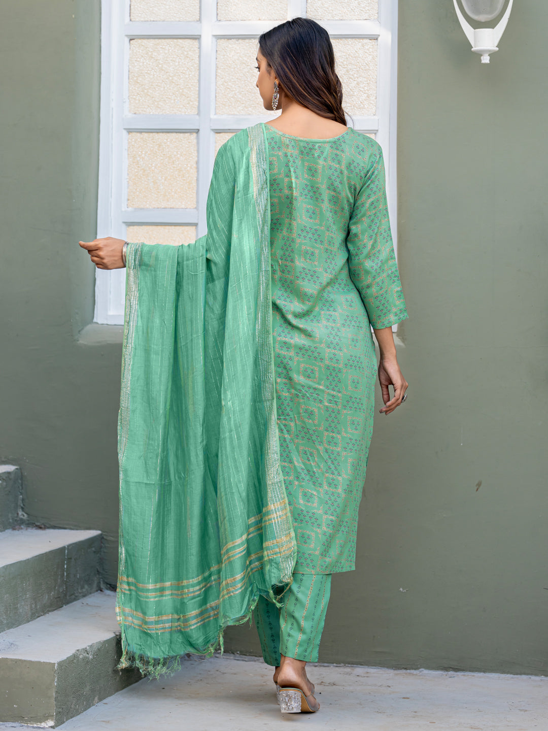 Pista Green Rayon Women Kurti With Dupatta & Bottomwear