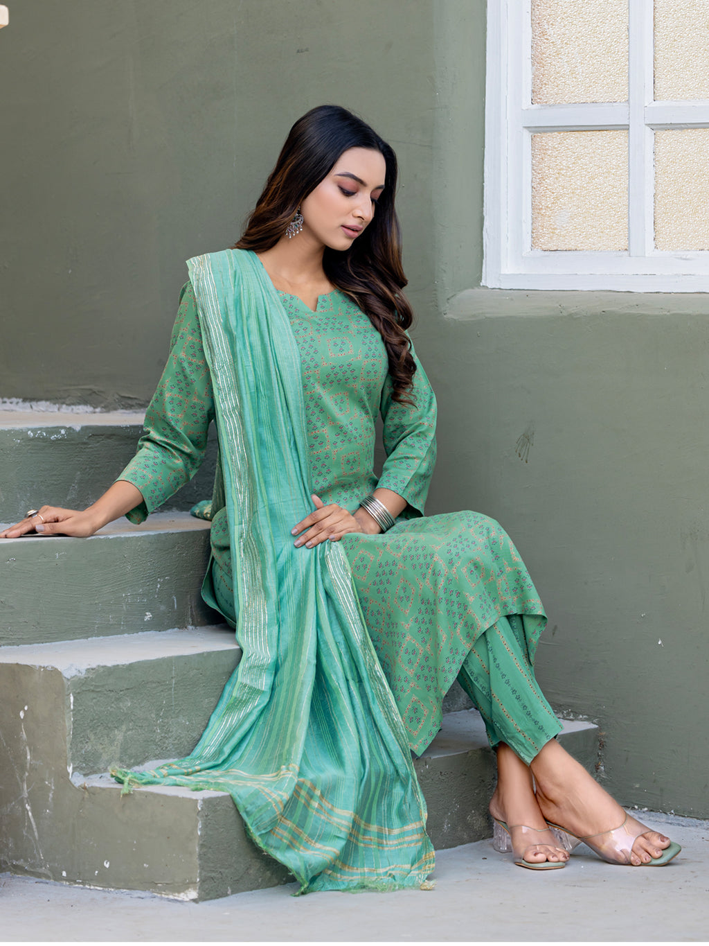 Pista Green Rayon Women Kurti With Dupatta & Bottomwear