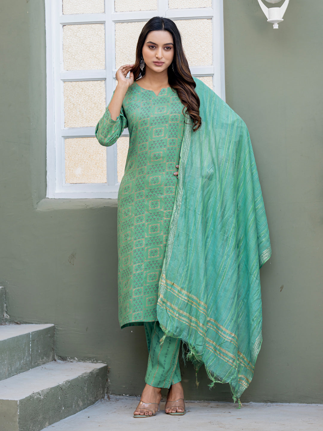 Pista Green Rayon Women Kurti With Dupatta & Bottomwear