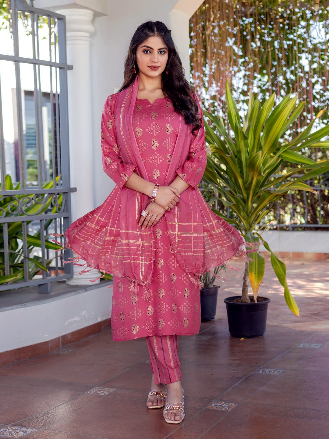 Elegant Rose Pink & Gold Printed Rayon Kurta with Dupatta Set