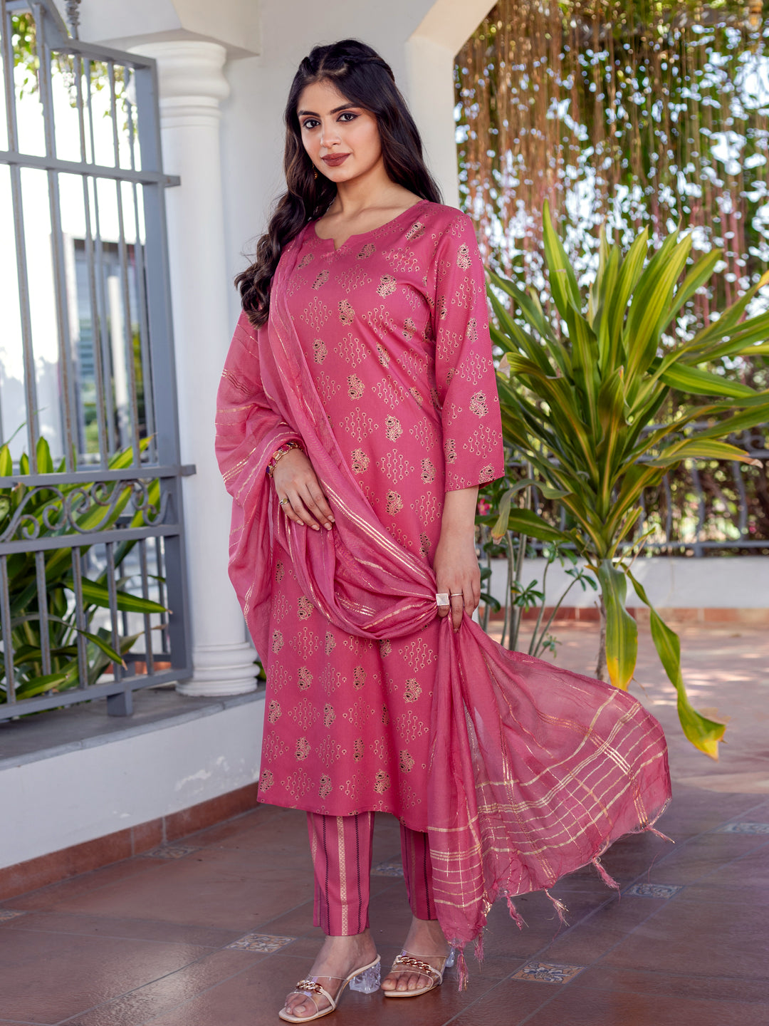 Elegant Rose Pink & Gold Printed Rayon Kurta with Dupatta Set