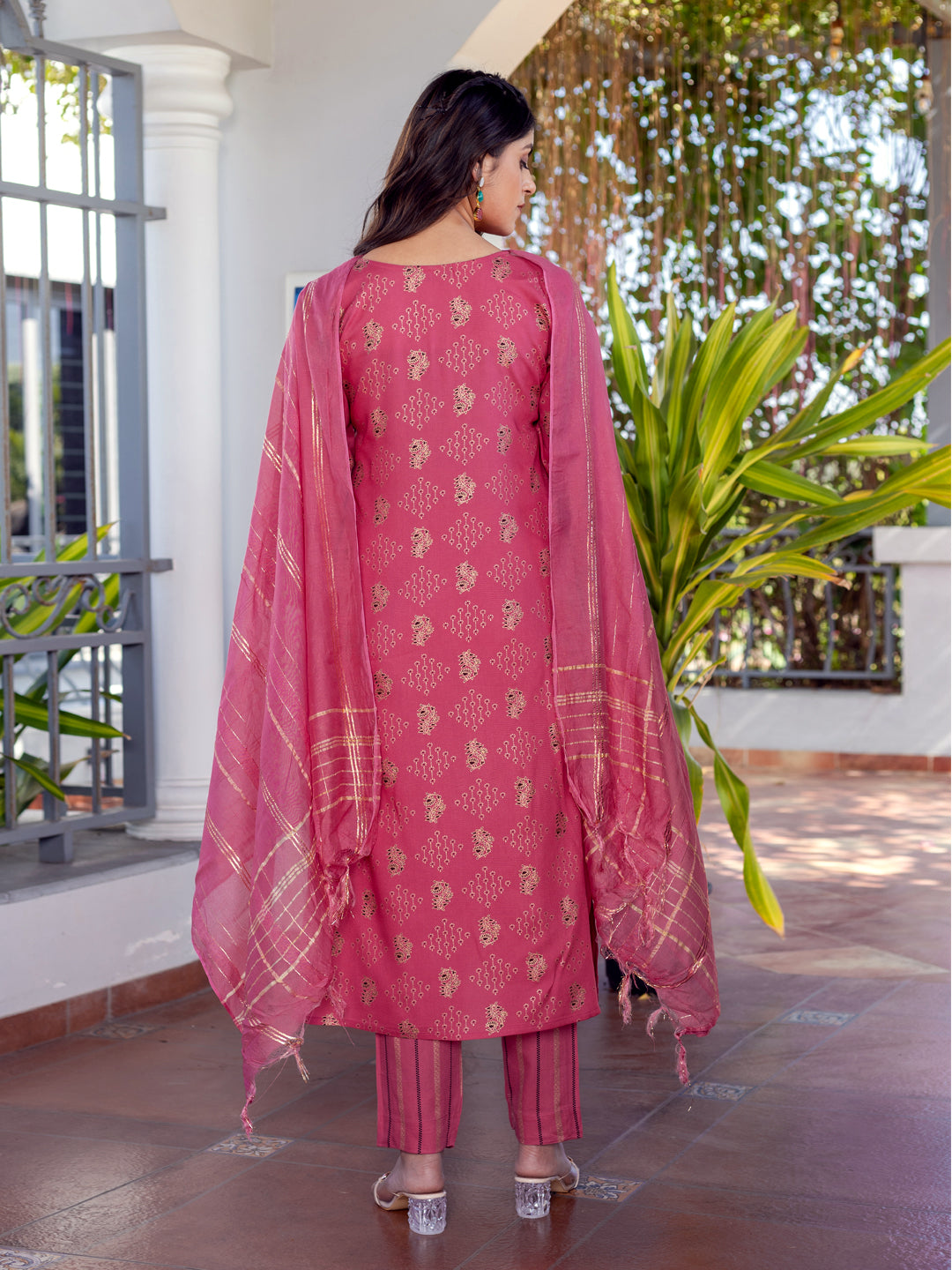 Elegant Rose Pink & Gold Printed Rayon Kurta with Dupatta Set
