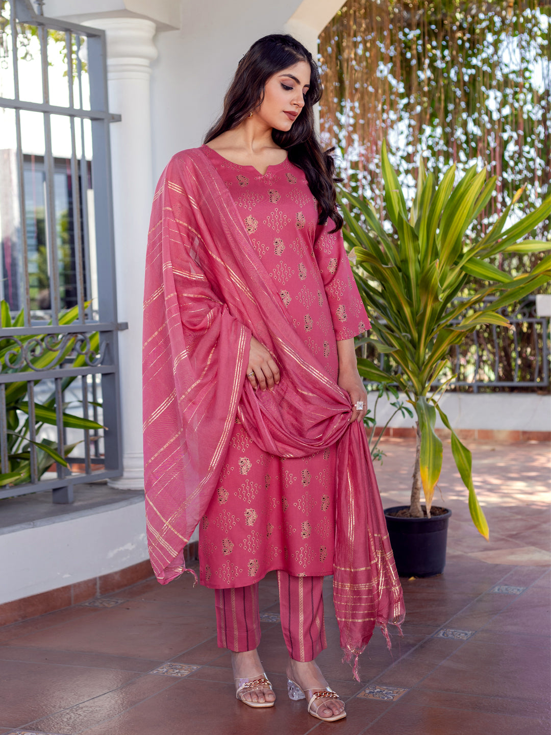 Elegant Rose Pink & Gold Printed Rayon Kurta with Dupatta Set