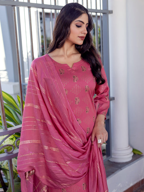 Elegant Rose Pink & Gold Printed Rayon Kurta with Dupatta Set
