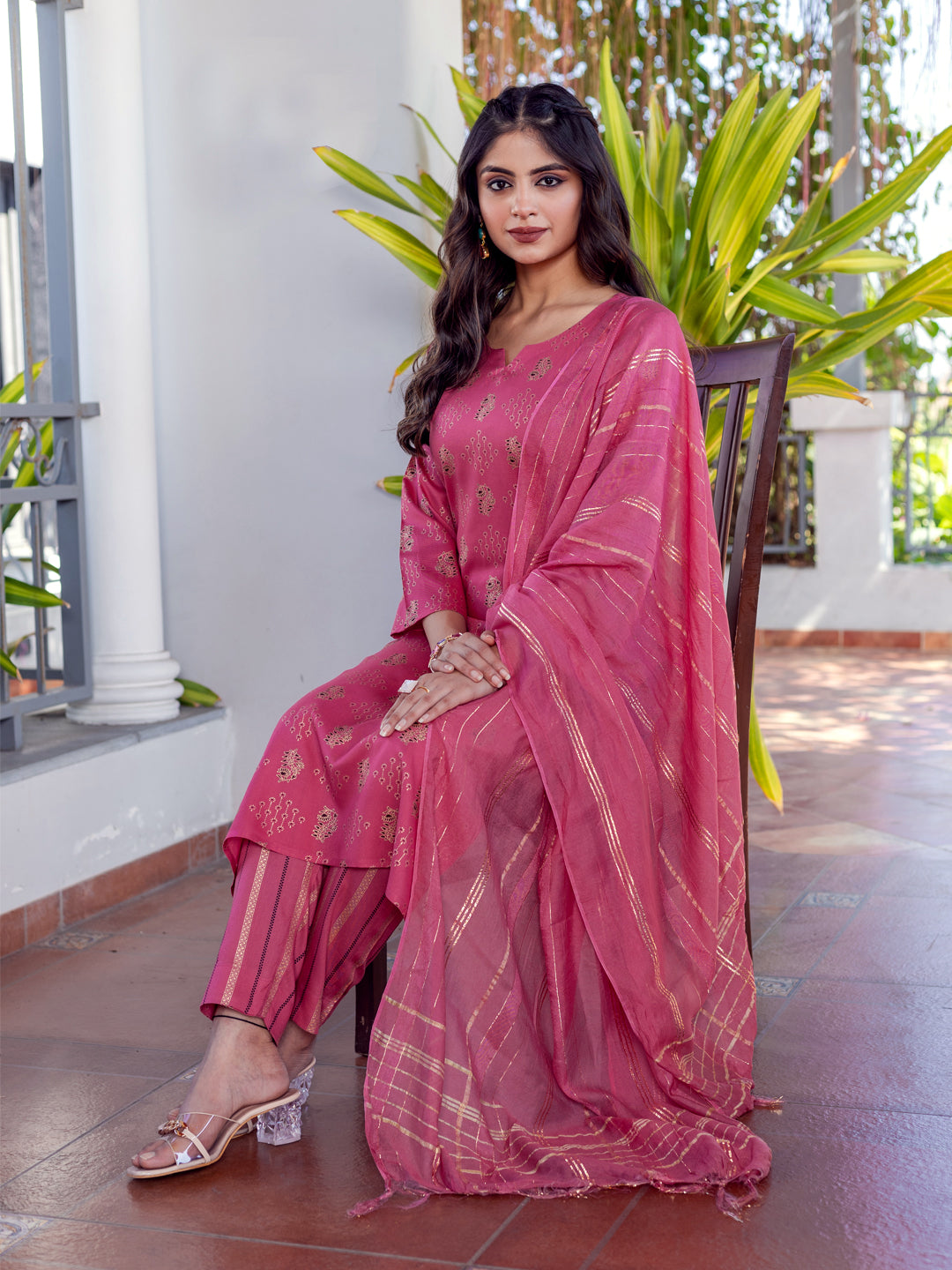 Elegant Rose Pink & Gold Printed Rayon Kurta with Dupatta Set