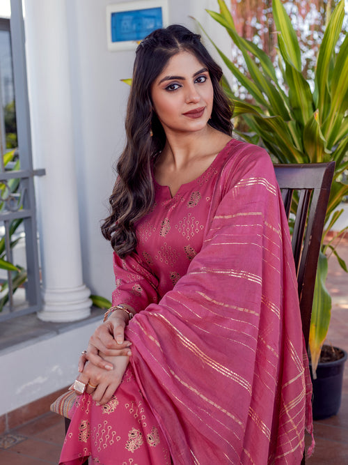 Elegant Rose Pink & Gold Printed Rayon Kurta with Dupatta Set